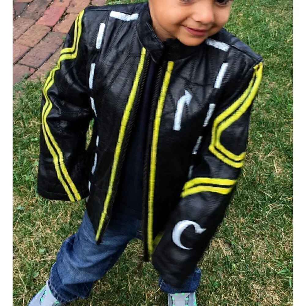 Vintage kids black leather patch zip-up jacket, yellow and white hand painted 4T